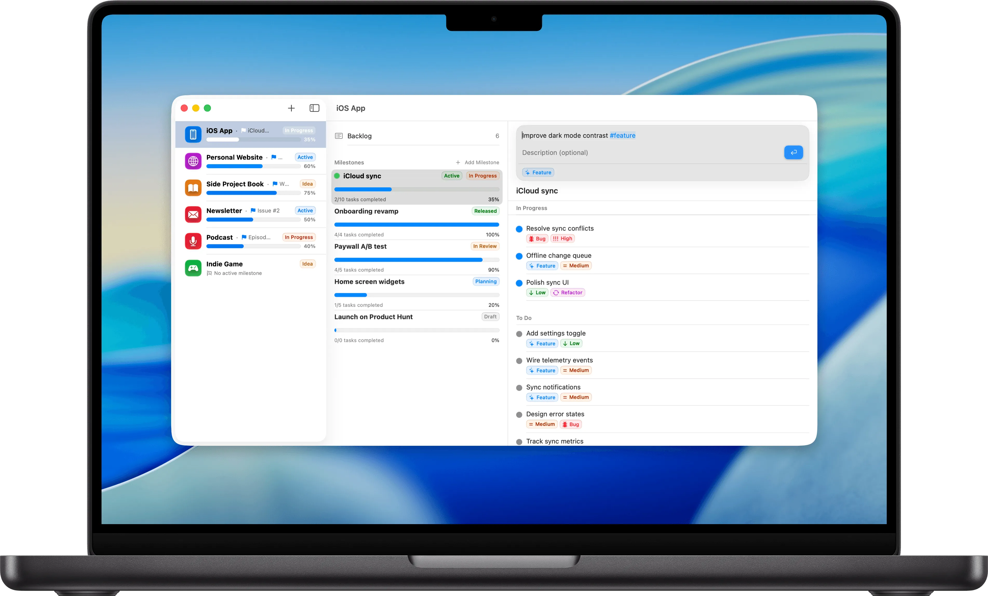 Milestones on Macbook Pro showing the projects screen