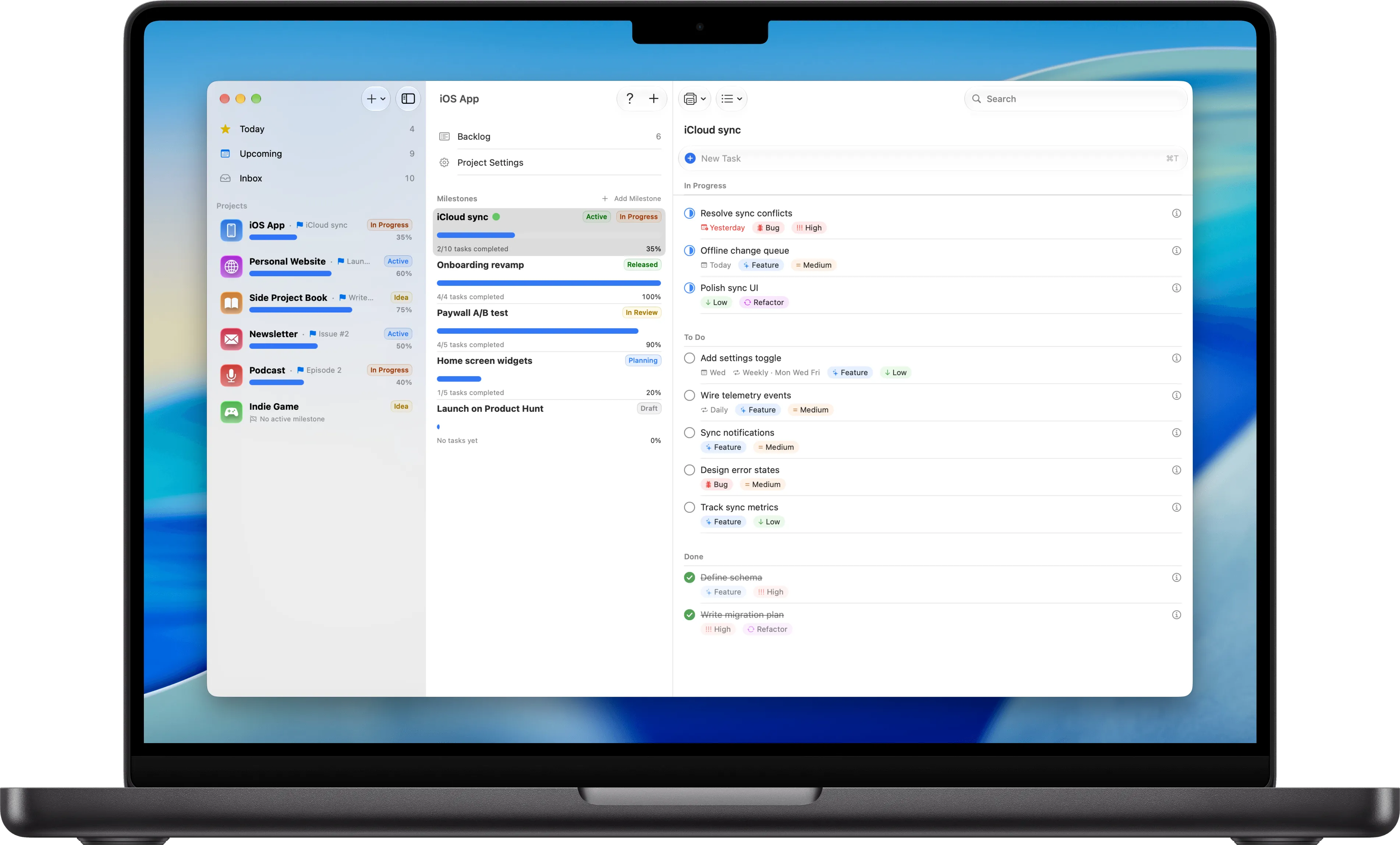 Milestones on a MacBook Pro: projects, a project’s milestones, and the tasks of its “iCloud sync” milestone side by side