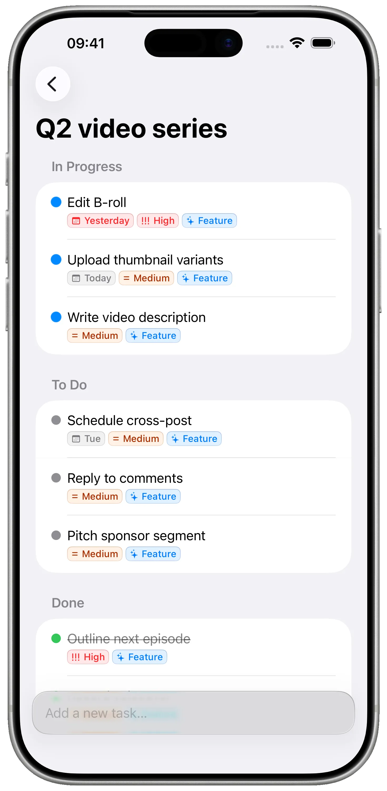 One project per piece, milestones for the workflow
