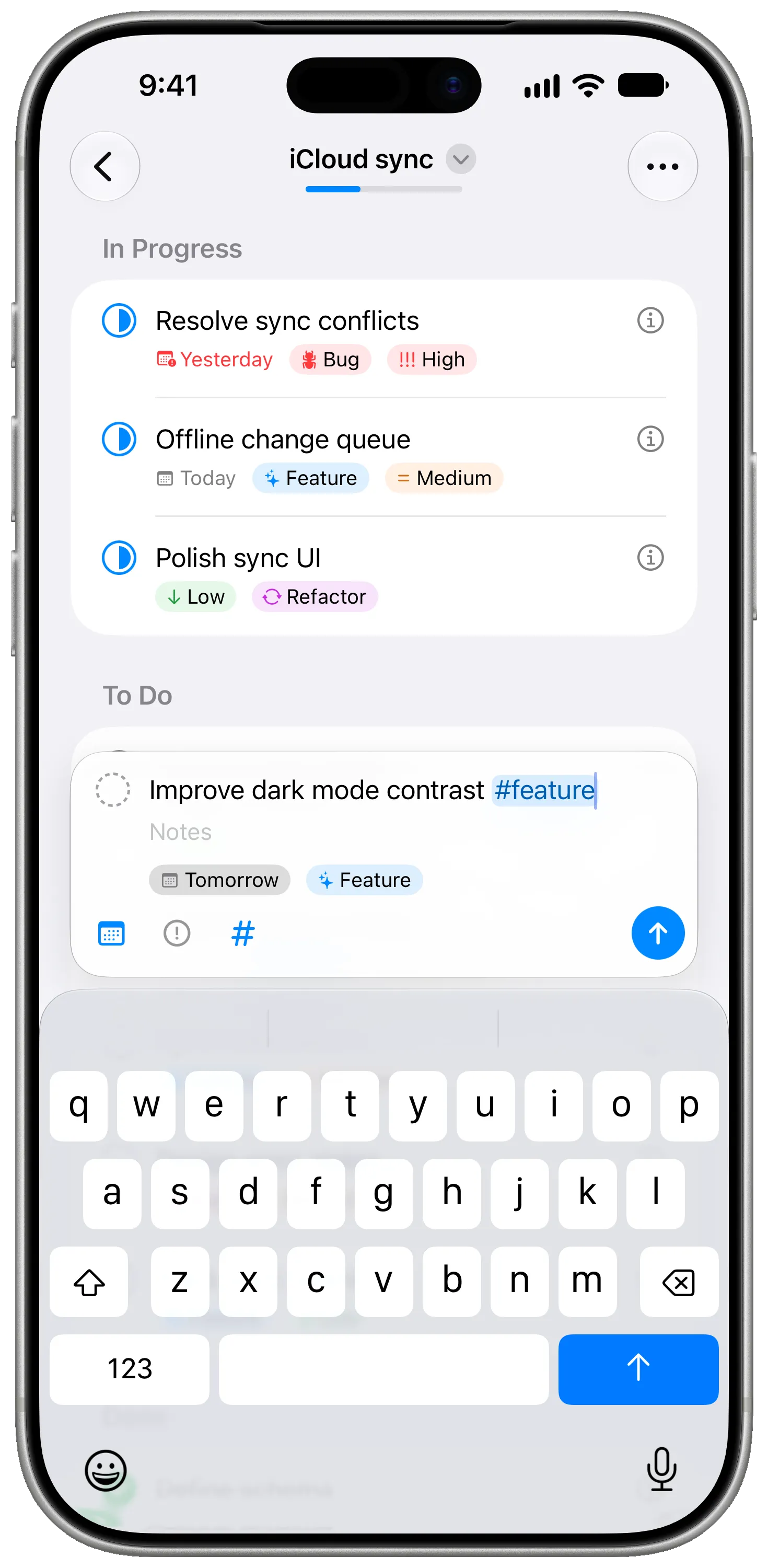 Adding a task on iPhone, with a tag typed into its title