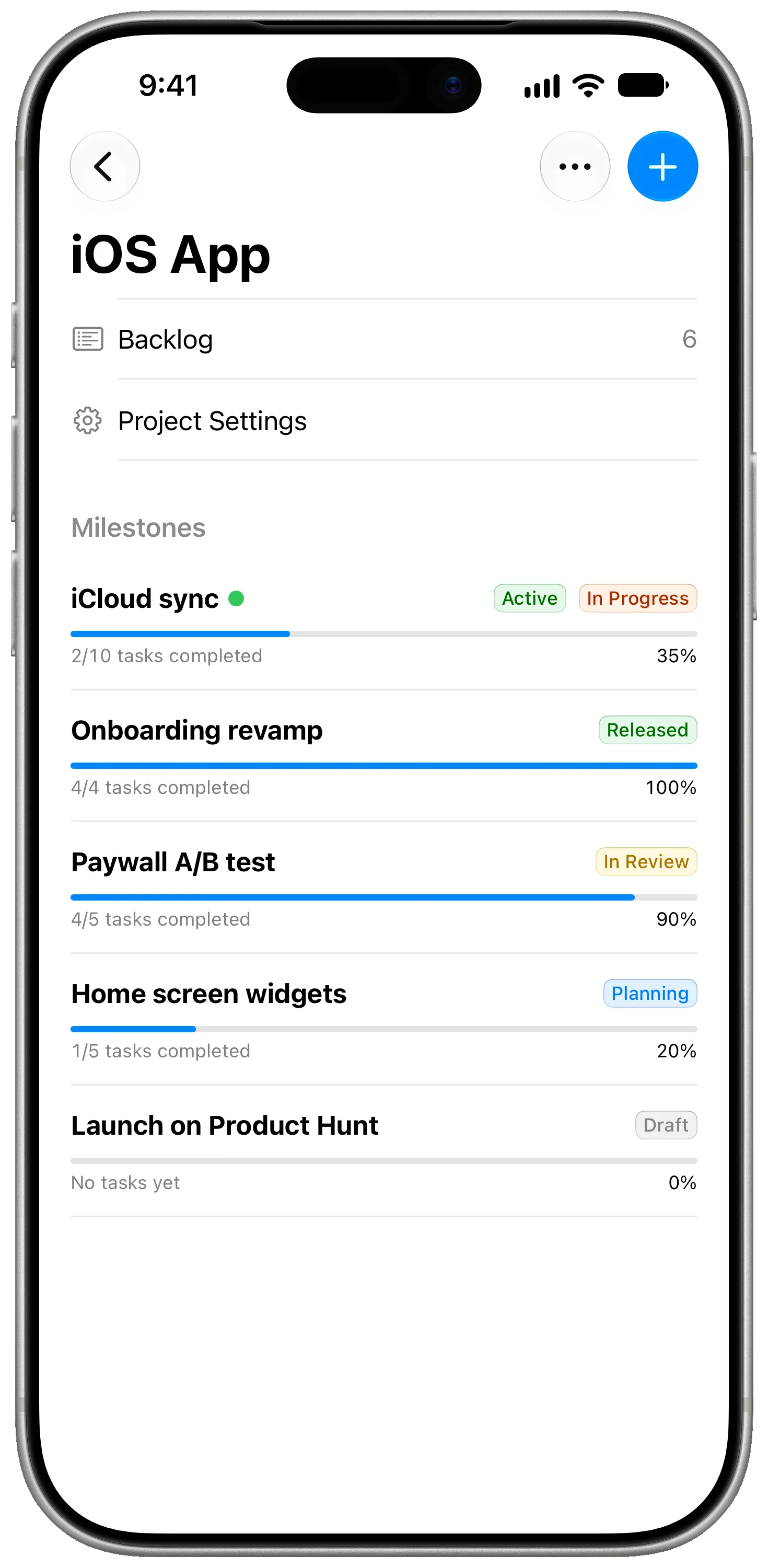 A project’s milestones on iPhone, each with its progress bar