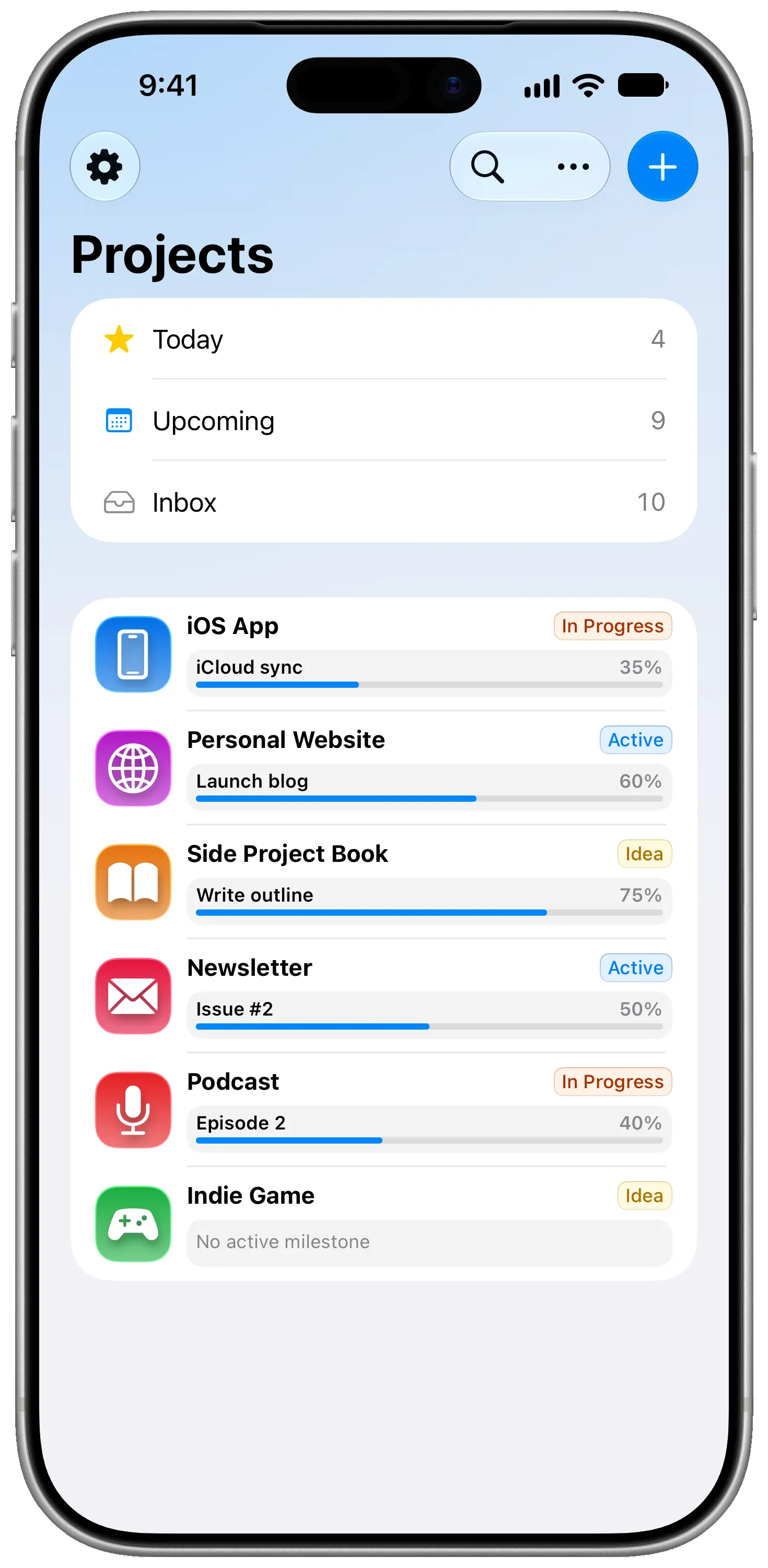 The projects list on iPhone