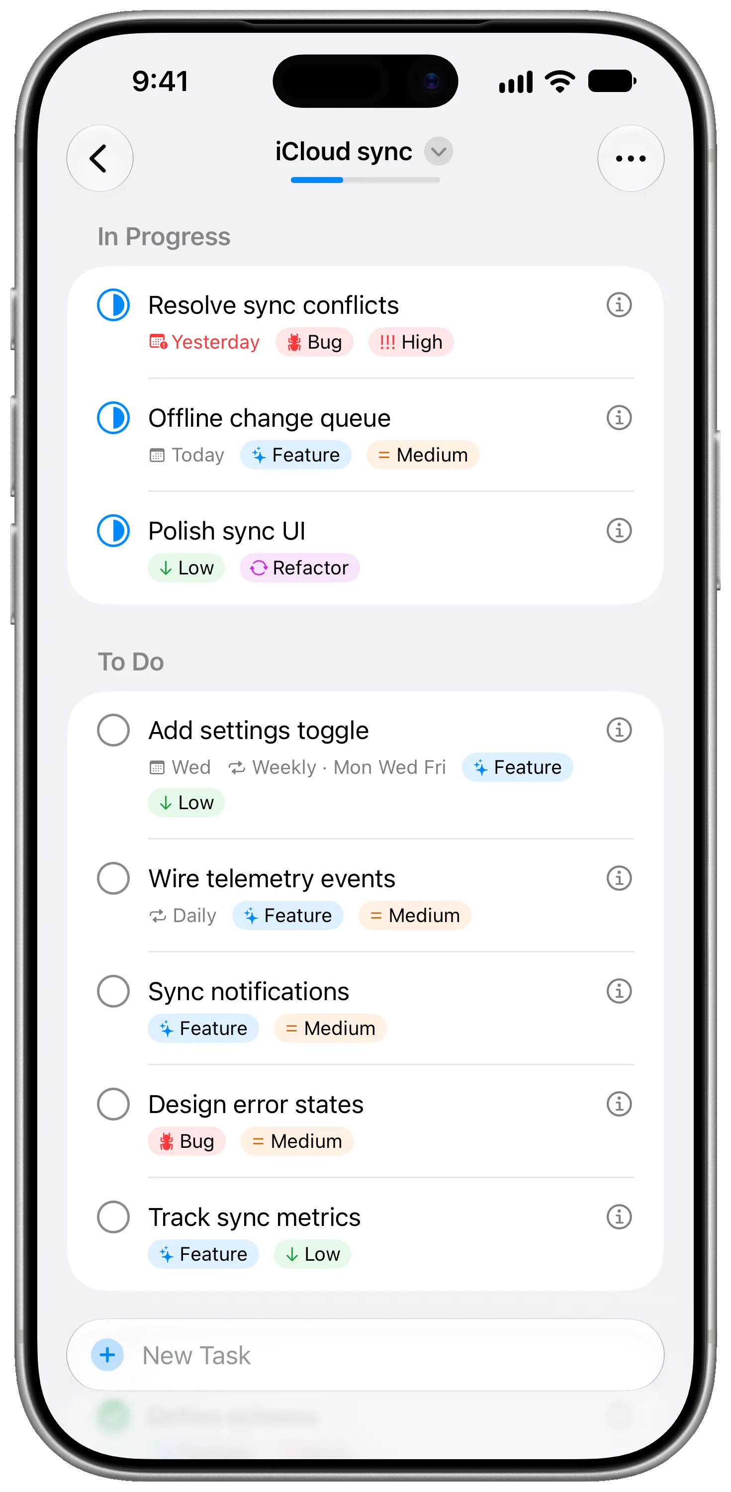 Milestones on iPhone showing the tasks of the “iCloud sync” milestone