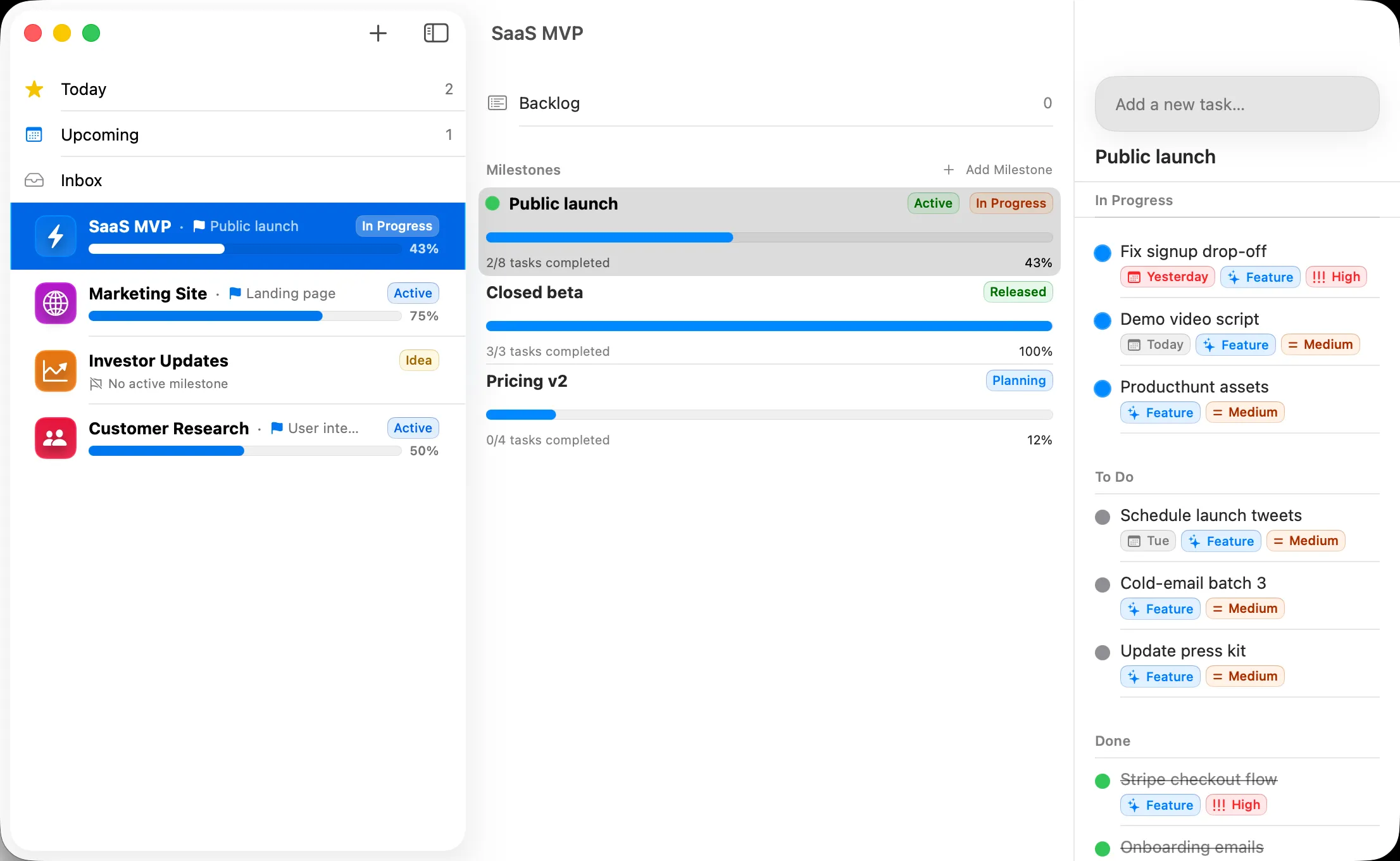 Milestones on the Mac: the sidebar with each project’s progress, a project’s milestones with their progress bars, and the tasks of the active milestone grouped into In Progress, To Do and Done.